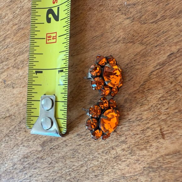 Vintage Orange Rhinestone Flower Floral Stud Earrings - Picture 2 of 8
